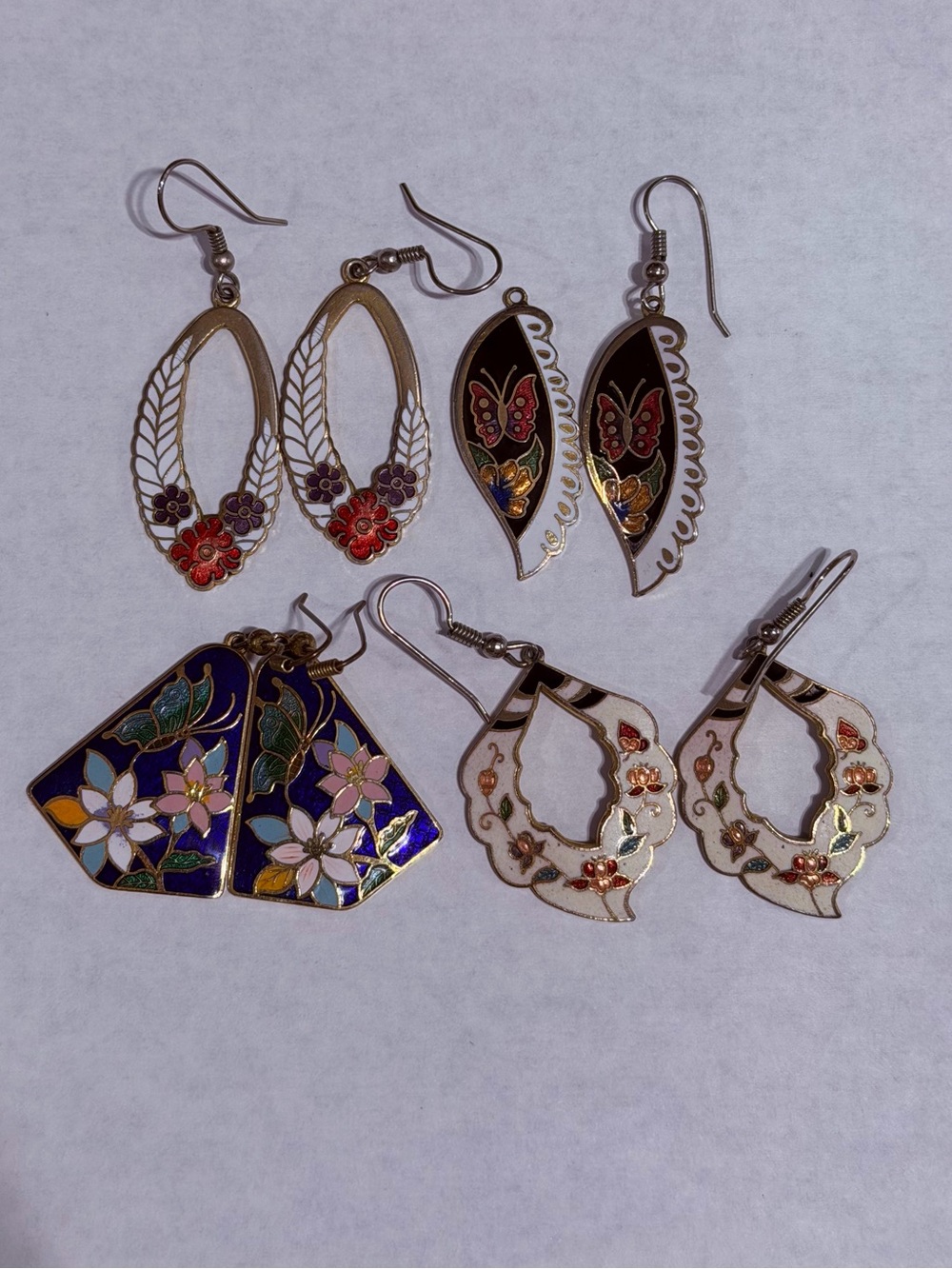 Vintage Cloisonné Enamel Earrings Lot Floral Butterfly Gold Tone Dangle Earrings